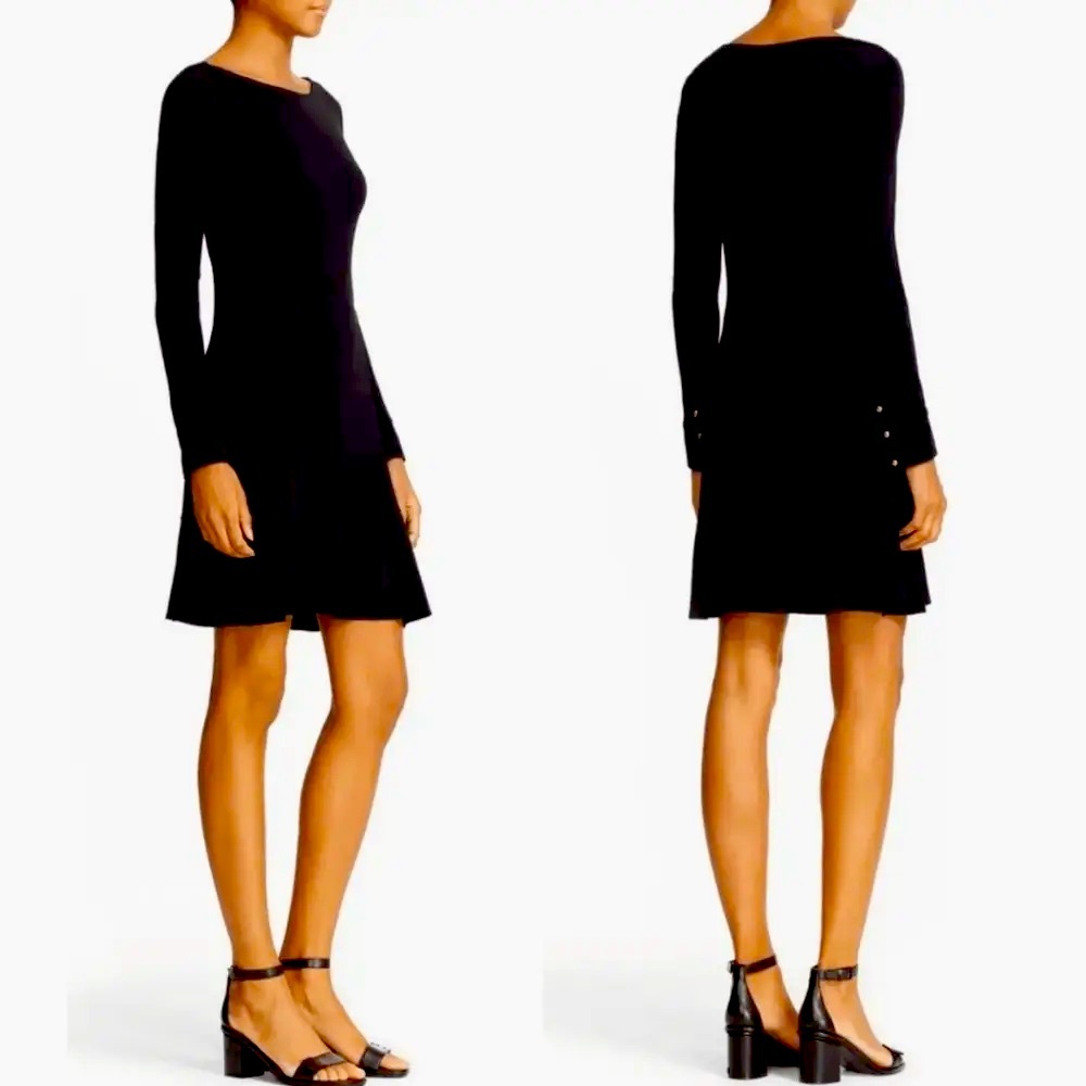 Tory Burch Black Foster Bateau Neck Ruffle Hem Long Sleeve Shift Dress